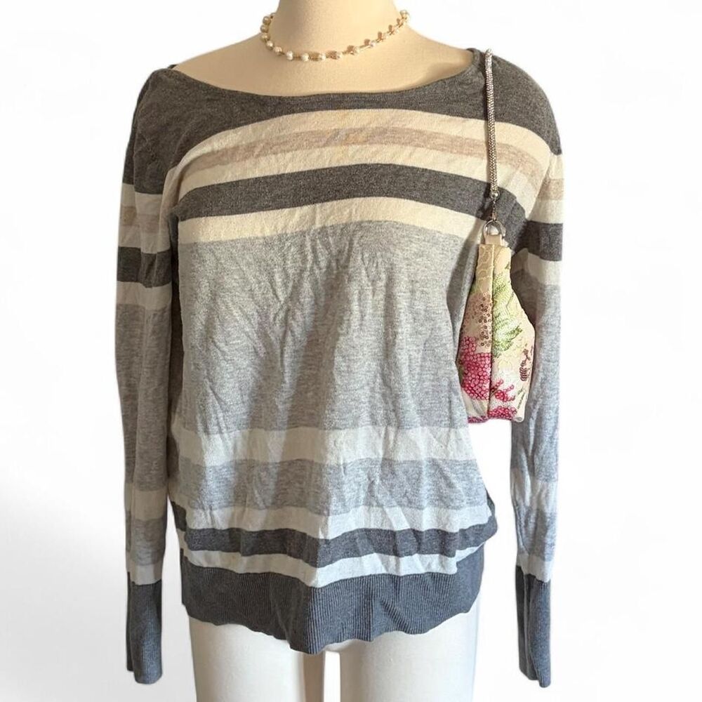 Gap Women Grey White Striped Long Sleeve Scoop Neck Knit Top Size L